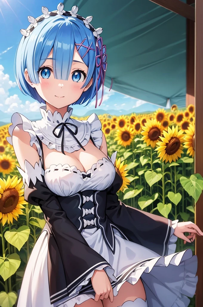 (masterpiece:1.3), (best quality:1.1), (8k, ultra detailed, ultra high res:1.2), ((anime style)), perfect 5 fingers, perfect anatomy, 
1girl, 
Rem \(re:zero\),
short hair, 
blue hair, 
(blue eyes:1.2), (beatiful detailed eyes:1.2), 
maid headdress,  ribbon, x hair ornament, 
large breasts, 
maid uniform, detached black sleeves, white tights, cold Shoulder, 
smile, 
looking at viewer, 
cowboy shot, waving hand, 
perfect light, outdoor, outside, Sunflower field, sky, 