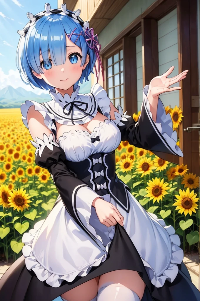 (masterpiece:1.3), (best quality:1.1), (8k, ultra detailed, ultra high res:1.2), ((anime style)), perfect 5 fingers, perfect anatomy, 
1girl, 
Rem \(re:zero\),
short hair, 
blue hair, 
(blue eyes:1.2), (beatiful detailed eyes:1.2), 
maid headdress,  ribbon, x hair ornament, 
large breasts, 
maid uniform, detached black sleeves, white tights, cold Shoulder, 
smile, 
looking at viewer, 
cowboy shot, waving hand, 
perfect light, outdoor, outside, Sunflower field, sky, 