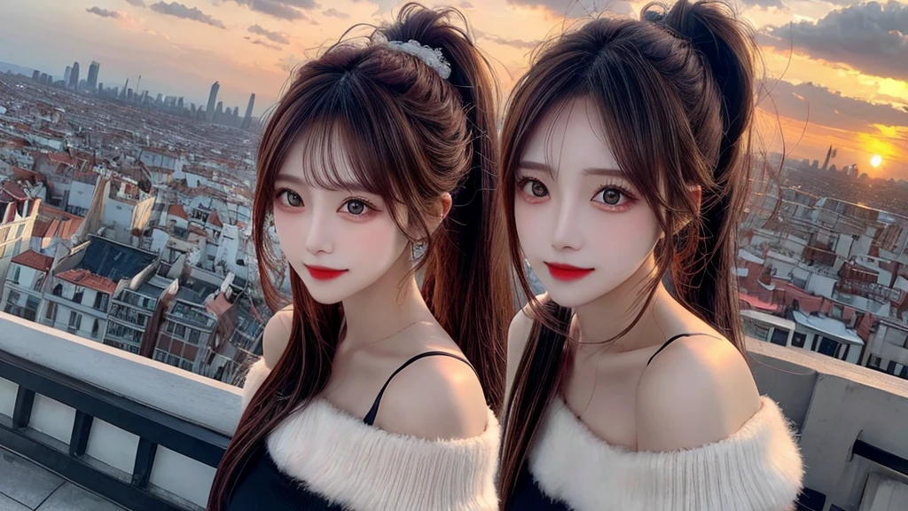 1 beautiful sweet girl,fluffy off shoulder crop top. fish eye, wind, straight long hair, high ponytail, sunset, city scape, (Aesthetics and atmosphere:1.2),Detailed, realistic faces