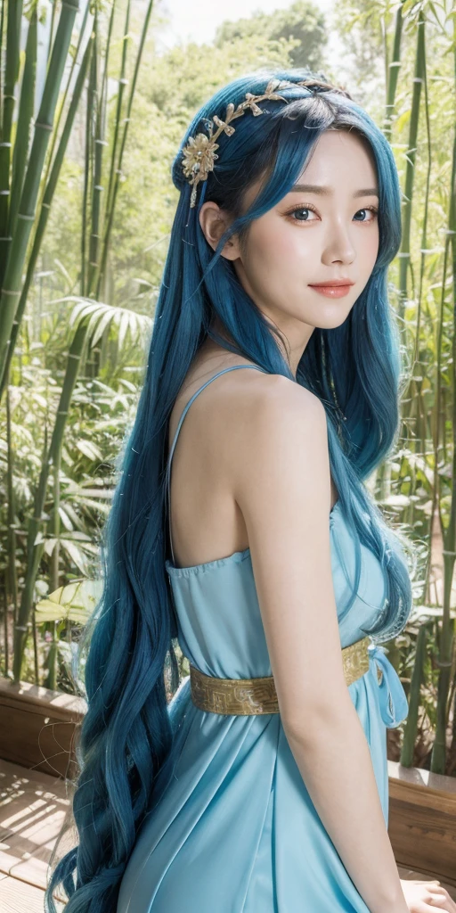Masterpiece, best quality, official art, 8k wallpaper, very detailed, illustration, 1 girl, Chinese style, ink, sky blue hair, long hair, detailed eyes, forrest fun, bare shoulders, hanfu, lake, pure, soft smile, bamboo, tea