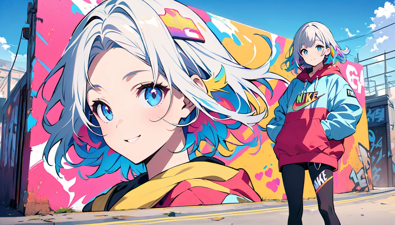 HD 8K Handsome cute, Solitary, 1 female, Medium Length Hair, white hair, Rainbow hair, blue Eyes, Rainbow headphone, hoodie, colored hoodie, denim shorts, sneakers logo to NIKE, Human focus, outdoor, blue sky, White clouds, graffiti Popularity spray art wall panoramic, happy smile,