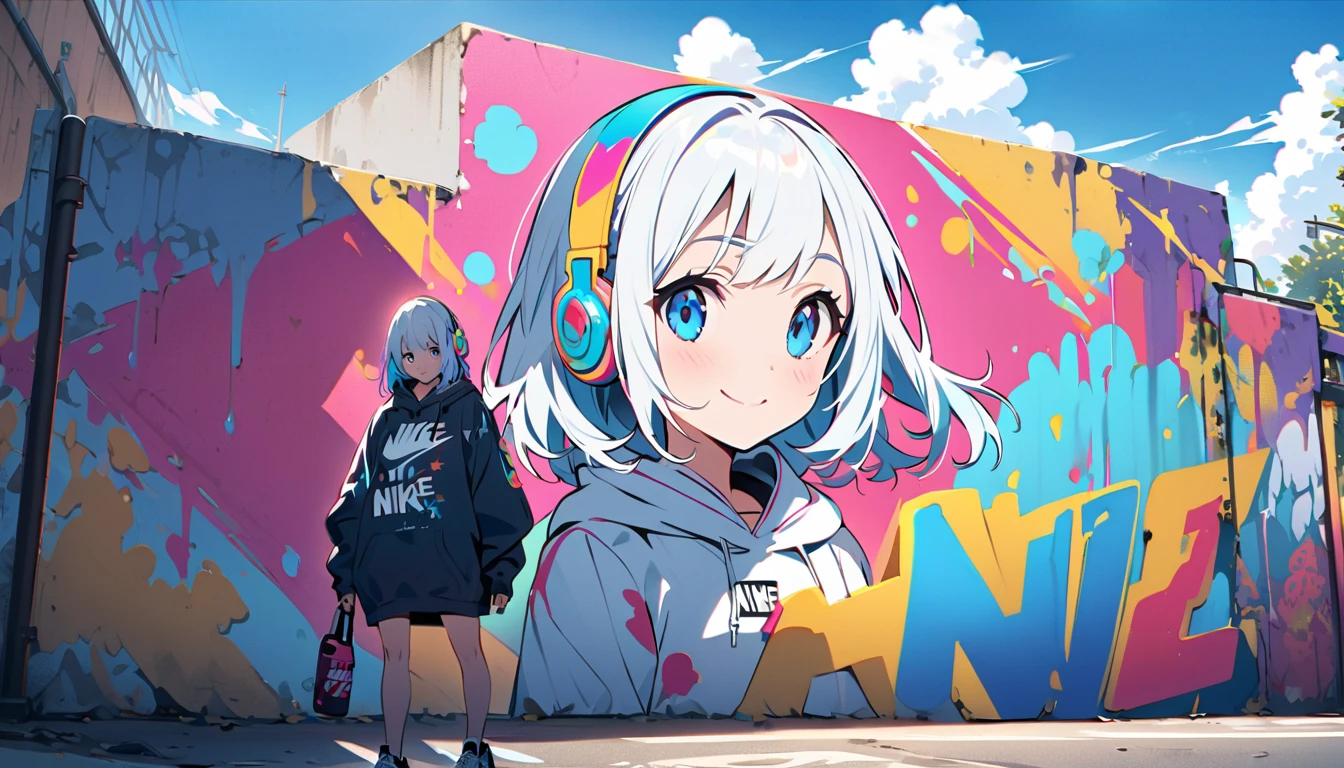 HD 8K Handsome cute, Solitary, 1 female, Medium Length Hair, white hair, Rainbow hair, blue Eyes, Rainbow headphone, hoodie, colored hoodie, denim shorts, sneakers logo to NIKE, Human focus, outdoor, blue sky, White clouds, graffiti Popularity spray art wall panoramic, happy smile,