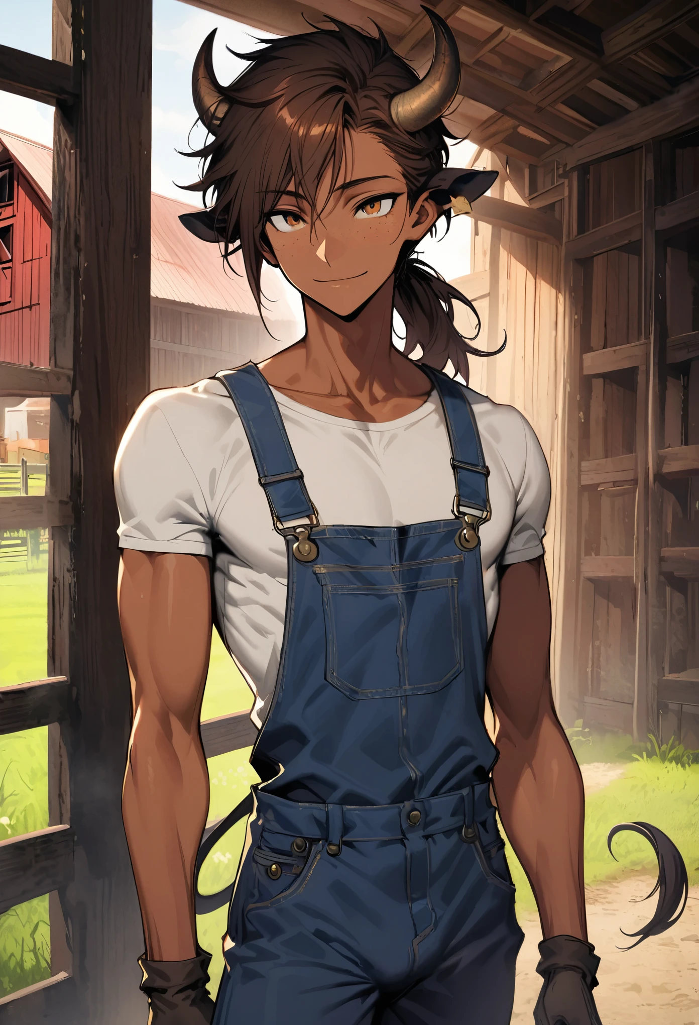 solo, male, broad shoulders, long bull horns, tan skin, long messy brown hair, brown eyes, young male, farm, overalls and shirt, fit, cow tail, slender, thin waist, friendly smile, t-shirt, ponytail, barn, freckles, slender male, close up, cow ears, very tall, gloves, bulging crotch