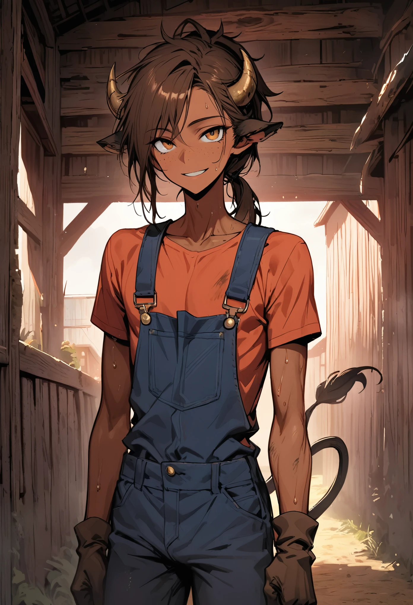 solo, male, broad shoulders, bull horns, tan skin, long brown hair, brown eyes, young male, farm, overalls, fit, cow tail, slender, think waist, friendly smile, huge crotch bulge, t-shirt, ponytail, barn, freckles, feminine male, close up, cow ears