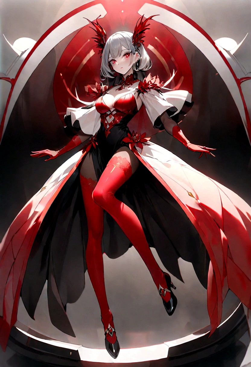20 years old,1 mature woman,hyperrealistic, 8k, (extremely detailed 8k), (very delicate and beautiful), (masterpiece), (better quality:1.0), (ultra high resolution:1.0), (masterpiece, best quality),cute,white hair,model posing,white background,realistic skin,Combat Readiness,big breast,hime cut,black nail,extra long hair,japanese shrine miko,full body,arms behind back,demon