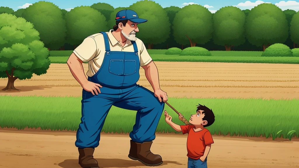 A poor farmer stands and waits for his son to come cartoon image