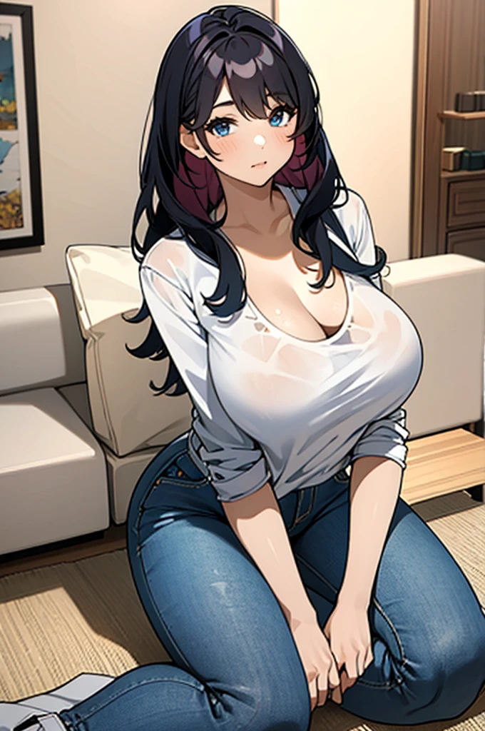 1women,,living room,huge breasts,looking viewer,t-shirts,long sleeves,jeans
