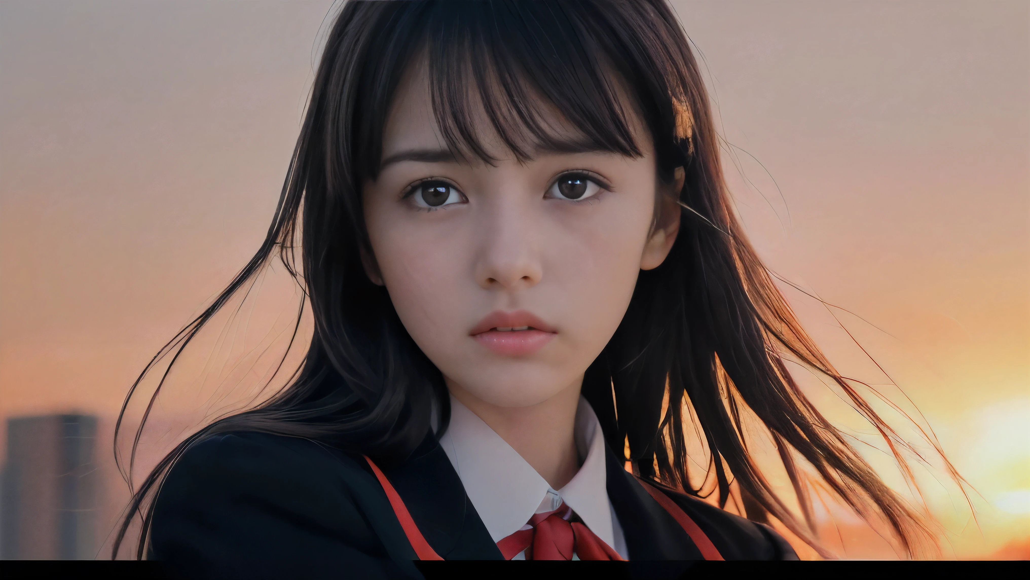 (Close up face shot of one slender small breasts two side up black medium hair bangs girl with crying face in long sleeves black school uniform:1.5)、(One girl is turn around at sunset red sky with her face is reflected sunset light and her hair is blowing in long sleeves black school uniform:1.5)、(Beautiful red sunset sky at skyscraper city landscape:1.5)、(8k ultra detailed master piece:1.5)、(Natural lighting:1.5)、(perfect anatomy:1.5)、(Photorealistic stick:1.5)、(Raw photo:1.3)、(highest quality:1.5)、(High resolution:1.3)、(Delicate and beautiful perfect face:1.3)、(Delicate and beautiful eye air skin:1.3)、(Real Human Skin:1.3)、((thin legs))