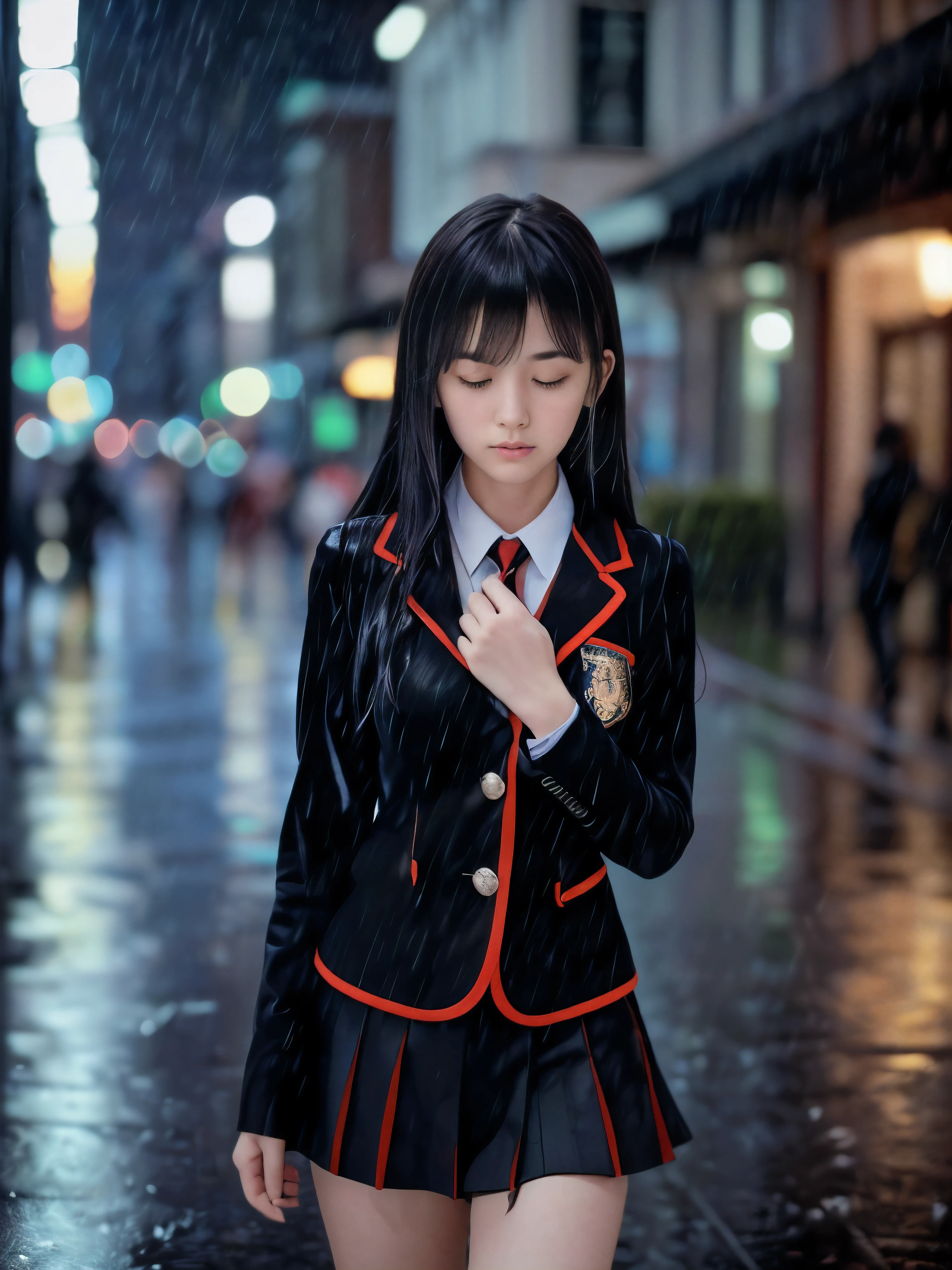 (Super close up face shot of one slender small breasts two side up black medium hair bangs girl in long sleeves black school uniform:1.5)、(One girl is walking with crying face on the main street in the rain at midnight:1.5)、(At skyscraper city landscape in heavy rain midnight:1.5)、(blurred background:1.5)、(8k ultra detailed master piece:1.5)、(Natural lighting:1.5)、(perfect anatomy:1.5)、(Photorealistic stick:1.5)、(Raw photo:1.3)、(highest quality:1.5)、(High resolution:1.3)、(Delicate and beautiful perfect face:1.3)、(Delicate and beautiful eye air skin:1.3)、(Real Human Skin:1.3)、((thin legs))