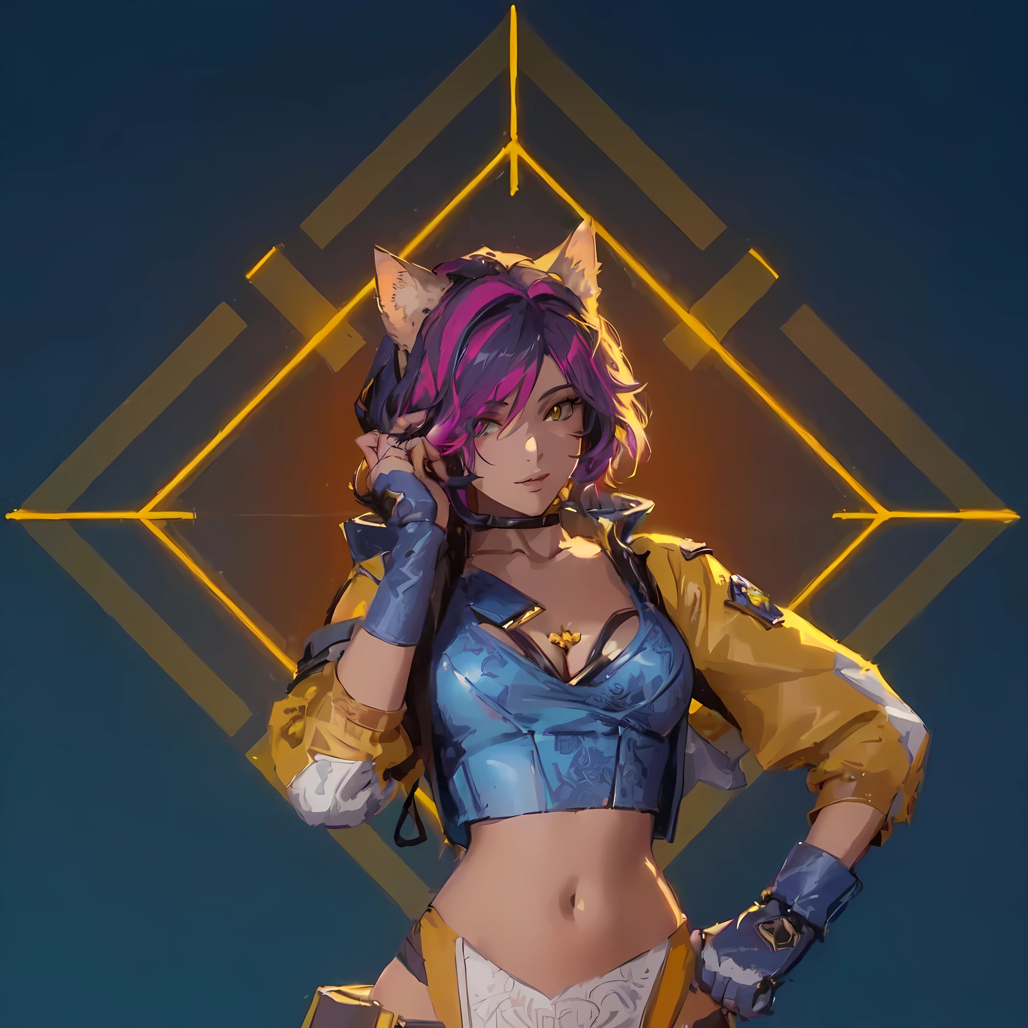 A closeup of a person in a cat costume, Loba Andrade, her clothing has a kind of yellow color and is showing her cleavage and her chest, He is raising his left arm over his head and his right arm is resting on his waist., anime, anime character, in the style of apex legends, inspired by Jules Chéret, apex legends portrait, anime character, there is mystery, arcane faux pas portrait, as supervisory character, Starfinder Style, Official character art