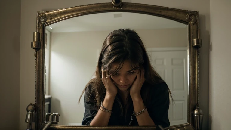 Image of a person looking into a mirror with an expression of dismay and disappointment, while holding their hands to their face. Around it, as chains, padlocks, and obstacles in the way.