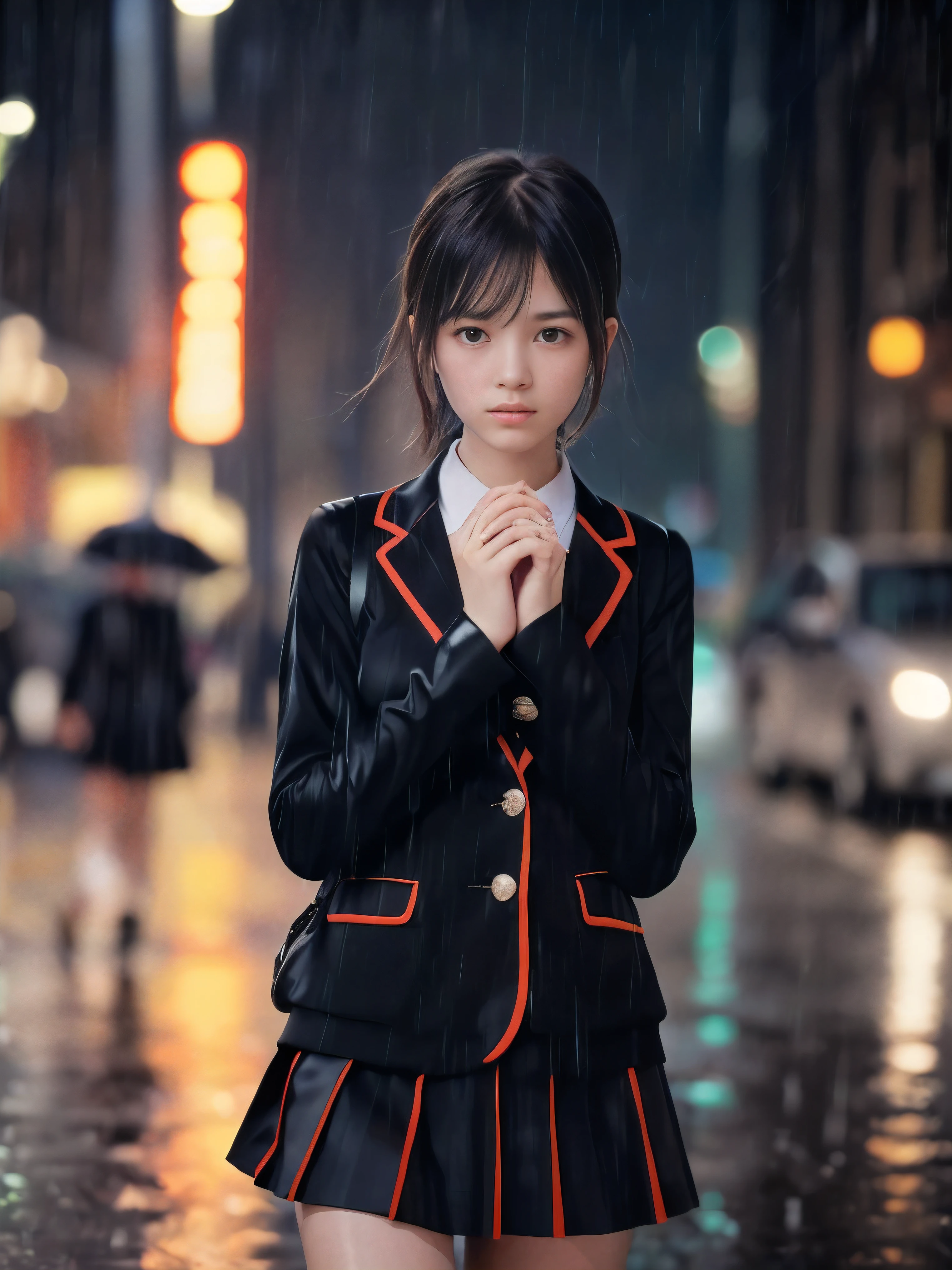 (Super close up face shot of one slender small breasts two side up black medium hair bangs girl in long sleeves black school uniform:1.5)、(One girl is walking with crying face on the main street in the rain at midnight:1.5)、(At skyscraper city landscape in heavy rain midnight:1.5)、(blurred background:1.5)、(8k ultra detailed master piece:1.5)、(Natural lighting:1.5)、(perfect anatomy:1.5)、(Photorealistic stick:1.5)、(Raw photo:1.3)、(highest quality:1.5)、(High resolution:1.3)、(Delicate and beautiful perfect face:1.3)、(Delicate and beautiful eye air skin:1.3)、(Real Human Skin:1.3)、((thin legs))