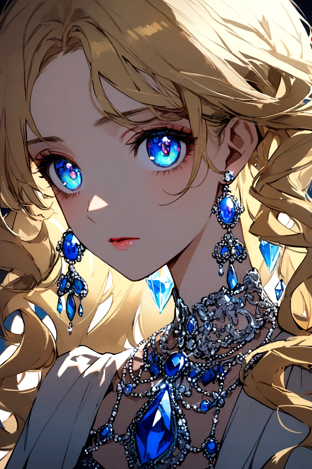 Girl with long blonde hair, light blue sapphire and crystal gem eyes, pearl earrings, dress with bows
