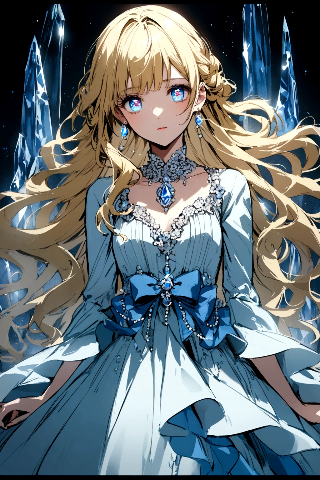 Girl with long blonde hair, light blue sapphire and crystal gem eyes, pearl earrings, dress with bows