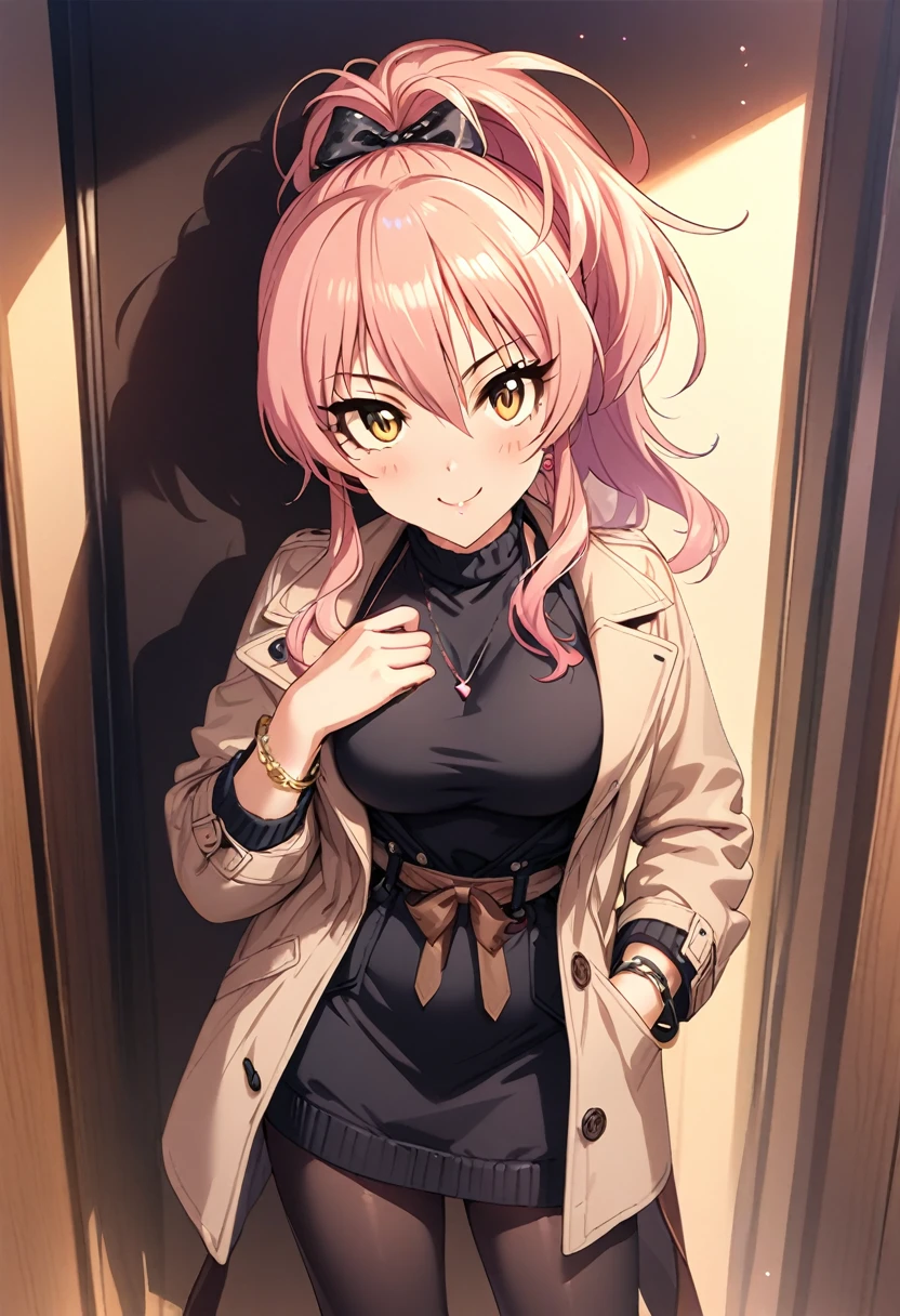 (masterpiece), (best quality), (ultra-detailed), (best illustration), (best shadow), (absurdres), (detailed background), (very aesthetic), mika jougasaki, 1girl, solo, pink hair, hair between eyes, sidelocks, yellow eyes, bow hair, ponytail, long hair, blush, closed mouth, smile, large breasts, alternate costume, black turtleneck sweater dress, brown coat long sleeves, open coat, brown handbag, hand on pocket, hand up, gold bracelet, black pantyhose, looking at viewer, solo, standing, simple background, white background, cowboy shot, 