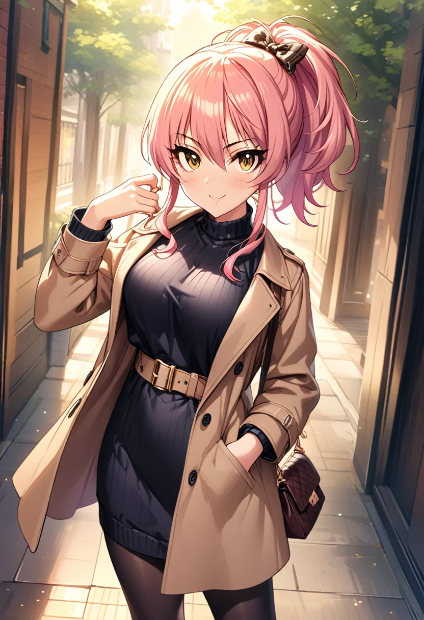 (masterpiece), (best quality), (ultra-detailed), (best illustration), (best shadow), (absurdres), (detailed background), (very aesthetic), mika jougasaki, 1girl, solo, pink hair, hair between eyes, sidelocks, yellow eyes, bow hair, ponytail, long hair, blush, closed mouth, smile, large breasts, alternate costume, black turtleneck sweater dress, brown coat long sleeves, open coat, brown handbag, hand on pocket, hand up, gold bracelet, black pantyhose, looking at viewer, solo, standing, simple background, white background, cowboy shot, 