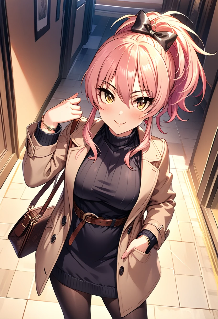 (masterpiece), (best quality), (ultra-detailed), (best illustration), (best shadow), (absurdres), (detailed background), (very aesthetic), mika jougasaki, 1girl, solo, pink hair, hair between eyes, sidelocks, yellow eyes, bow hair, ponytail, long hair, blush, closed mouth, smile, large breasts, alternate costume, black turtleneck sweater dress, brown coat long sleeves, open coat, brown handbag, hand on pocket, hand up, gold bracelet, black pantyhose, looking at viewer, solo, standing, simple background, white background, cowboy shot,