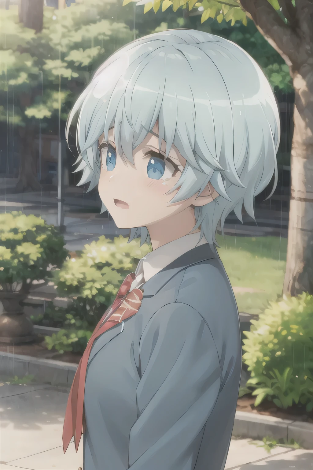 rain,forest,Blue Hair,cry,JK school uniform,Shut up