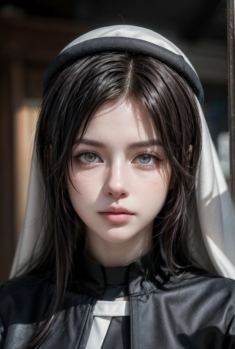 ((( Anne Hathaway: Selena Gomez:0.7))) ,  good hand,4k, high-res, masterpiece, best quality, head:1.3,((Hasselblad photography)), finely detailed skin, (Half are Spaniards，Half are Japanese mixed-race girls） sharp focus, (cinematic lighting), soft lighting, dynamic angle, [:(detailed face:1.2):0.2],moning sunshine ,wearing nun outfit , 
