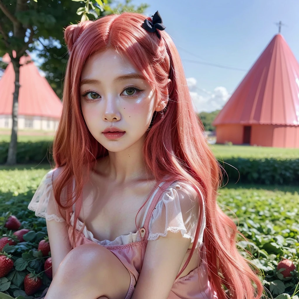 
araffe girl with pink hair sitting in a field of strawberries, belle delphine, red wig, anime girl cosplay, anime barbie doll, anime girl in real life, fairycore, beautiful anime style, curly pink hair, long flowing pink hair, pink and red color style, kawaii hair style, anime cosplay, beautiful pink little alien girl, with curly red hair Green eyes wearing a cute hair bow pink background 