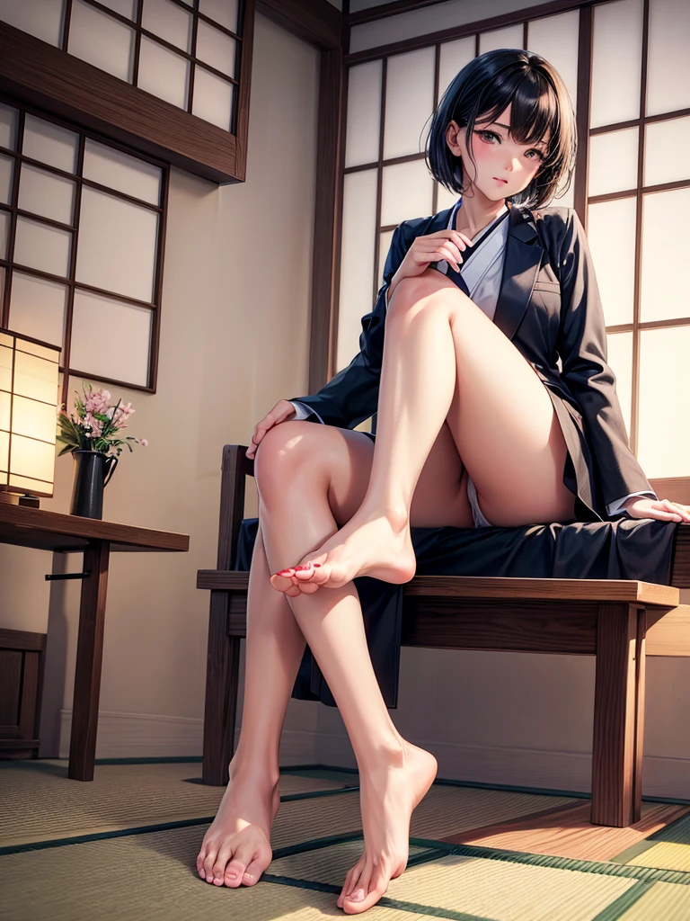 Realistic, Realistic, Like the picture, Realistic, 8K, High resolution, Perfect Face,Proper body balance, Ultra-high quality output images, High resolution, Intricate details, Very delicate and beautiful, Very detailed, Caustics, , Japanese, Amazingly cute, (masterpiece:1.2, Highest quality), ((barefoot)), Depiction of the correct foot, How to draw toes correctly, How to paint nails correctly, Emphasize the legs, Sitting, Japanese-style room, short hair, Black Hair, blush, Japanese , blazer, Sitting cross-legged