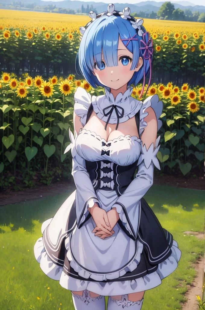 (masterpiece:1.3), (best quality:1.1), (8k, ultra detailed, ultra high res:1.2), ((anime style)), perfect 5 fingers, perfect anatomy, 
1girl, 
Rem \(re:zero\),
short hair, 
blue hair, 
(blue eyes:1.2), (beatiful detailed eyes:1.2), 
maid headdress,  ribbon, x hair ornament, 
large breasts, 
maid uniform, detached black sleeves, white tights, cold Shoulder, 
BREAK smile, 
looking at viewer, 
cowboy shot, standing, own hands together, 
perfect light, outdoor, outside, Sunflower field, sky, 