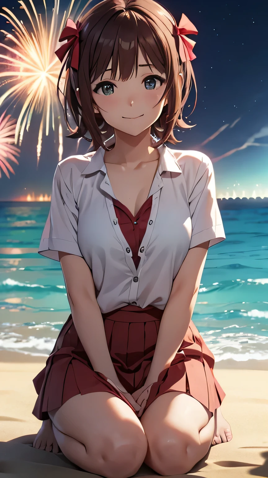 CG, Unity, 8K, wallpaper, Highest quality, masterpiece, Amami Haruka, (smile: 1.2), Showa era crew cut hairstyle, Watching fireworks on the beach, A white shirt that reveals a little bit of your chest, Short skirt, barefoot, Thighs, Large Breasts, Sweat, night, Best lighting, Complex pupil, Intricate weaving, Detailed Background, Japan, Sandy Beach, 