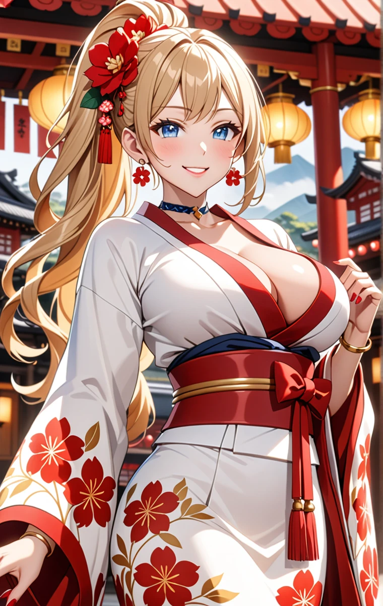((one girl)), hyper detailed, absurdres, 8K,Cute face, Beautiful Face, (Laugh shyly), ((teasing smile:1.8)), ((Wink:1.8)), (Laugh with your mouth wide open),(Tilt your head:1.3), View your viewers, ((Bright red cheeks:1.6)),Glossy Red Lips, ((Big Breasts:1.5)) night, Shrine festival stalls, (Brighten your face), ((Anime style background)),masterpiece, Highest quality, so beautiful,Latest, Complex details, (Pink long nails), (nail art), (ring),(bracelet), (Floral Choker),AI-generated, Complex,High resolution, Highest quality, super high quality,3D Images、3D Images,One person,Blonde long hair,(High Ponytail), (Wavy Hair), Anime woman posing for a photo, ((Fine grain、blue eyes、Shining Eyes:1.4)), (Squint your eyes:1.1),a hyperRealistic , hyperRealistic , Realistic,Long blonde anime woman, Smooth anime CG art, Pink large floral patternの刺繍が入った、A girl in a gorgeous kimono, ((White long-sleeved kimono)),(Pink large floral pattern) ,Long flower hair ornament,Floral Earrings,Mature Body, expensive,Abdominal muscles,Tight waist,((Zoom in on face:2.1), (front view),