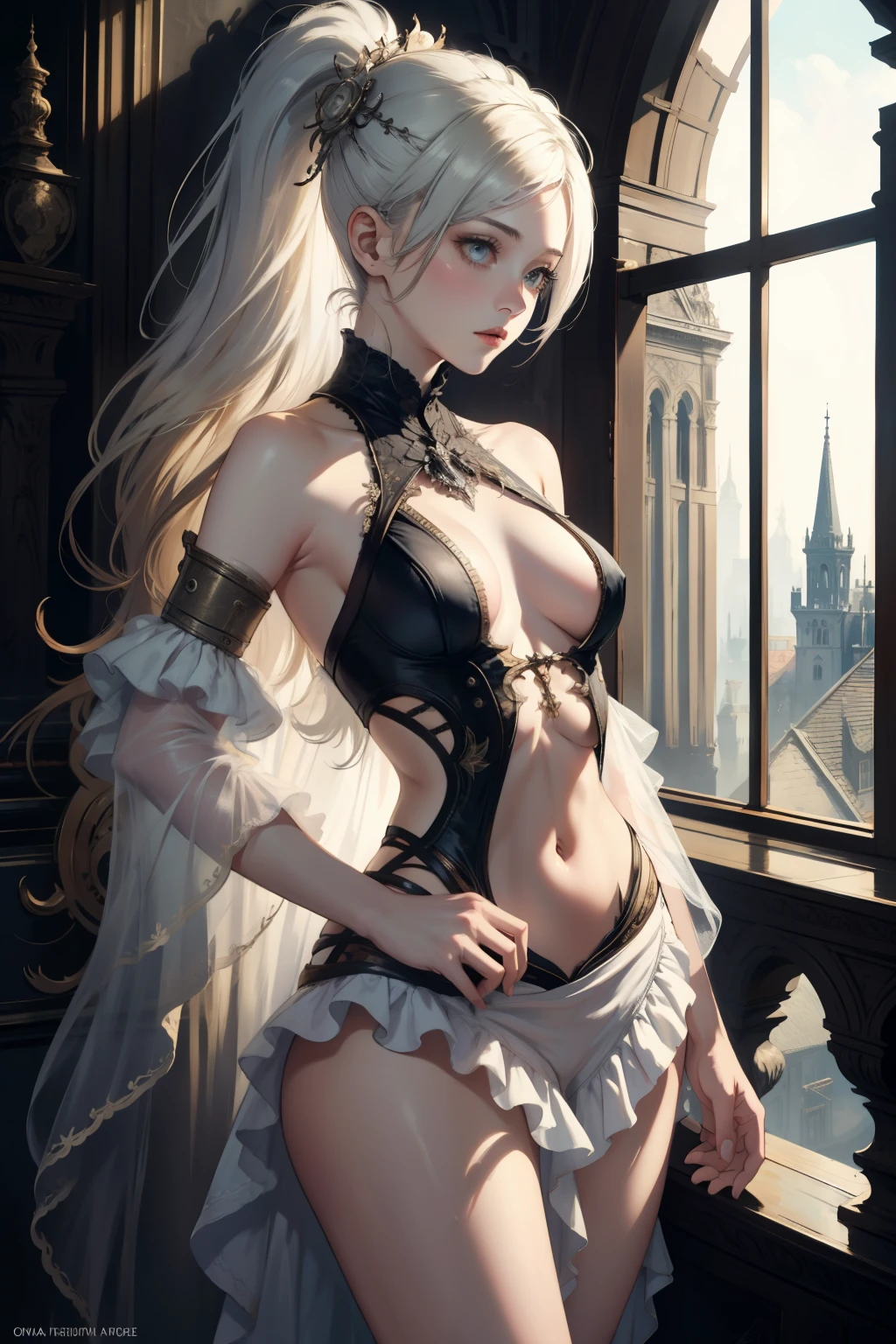  ((best quality)), ((masterpiece)), (detailed), 1girl, NSFW, small breasts, prominent collarbones, skinny arms, flat stomach, visible hip bones, long hair, various hair colours, ponytail, thick ponytail, heavy ponytail, red and white clothing, Bloodborne inspired, occult aesthetic, occult, detailed and intricate steampunk and detailed gothic, NSFW Fluttering lace flared dress with frilly petticoats, pleated petticoats 