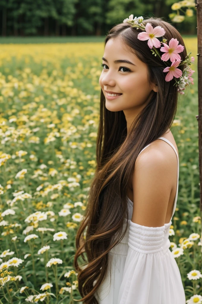 Open hair girl with flowers