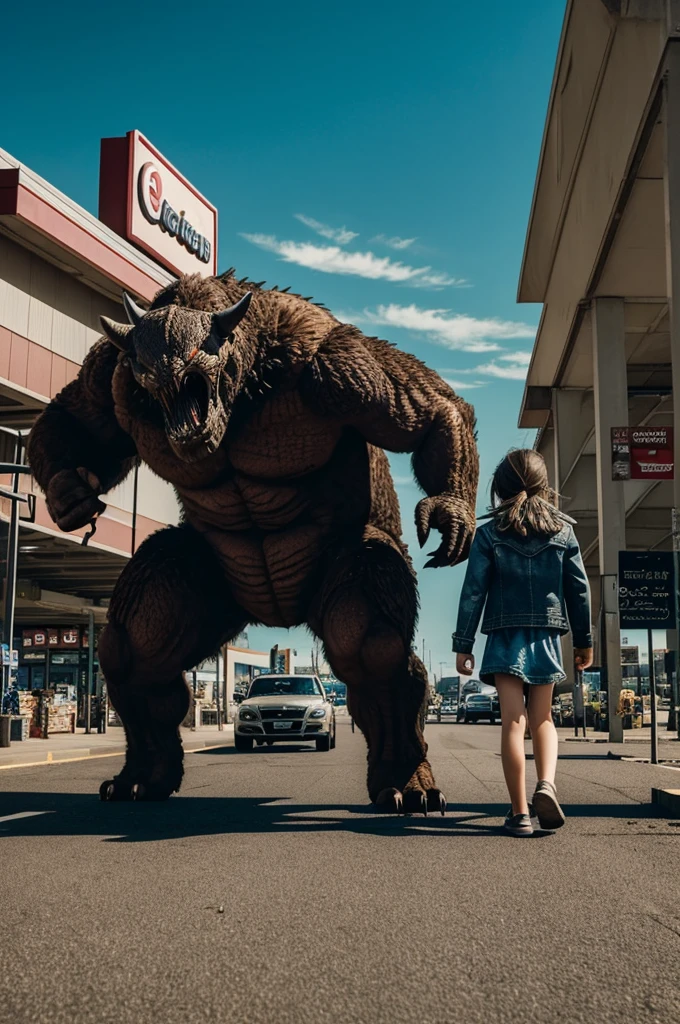 A big monster hunts the city boy and girl in the supermarket parking lot. The boy protects the girl and tells her to run away.