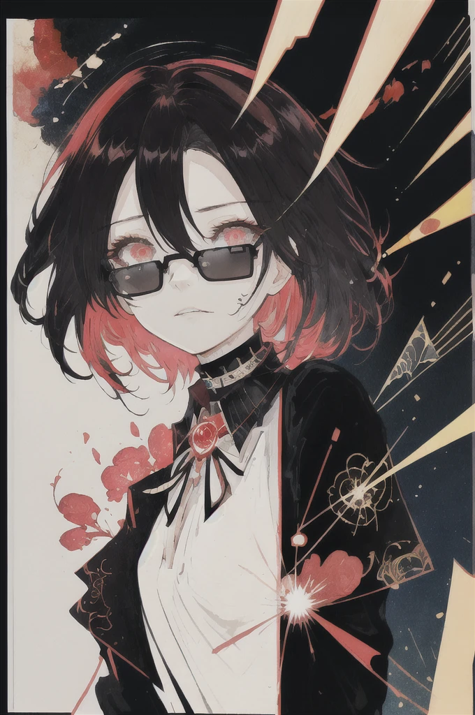 ((Highest quality)), (((masterpiece))), (High resolution), original,Glasses、Glasses、rain、rain、 Highly detailed 8k wallpaper, (Very delicate and beautiful),((Highest quality)),Limited edition palette, style style style Black choker around the neck、Black T-shirt、style gird, (style:(style:1.5)(style:1.5)1.5), Limited edition palette,[flat_stylechest, black style eyes, long style red hair, Black choker around the neck、Black choker around the neck、Black T-shirt、style eyes,浮かぶBlack T-shirt), feather over style]style, (Double exposure:1.3),(Glitch Hair+++),(Glitch meets dark hair),[Very delicate and beautiful girl who with scarf,feather],(Beautiful and detailed red eyes),world masterpiece theater,whole body,cyber punk,、Yellow backgroundﾍﾞｰｽIn color