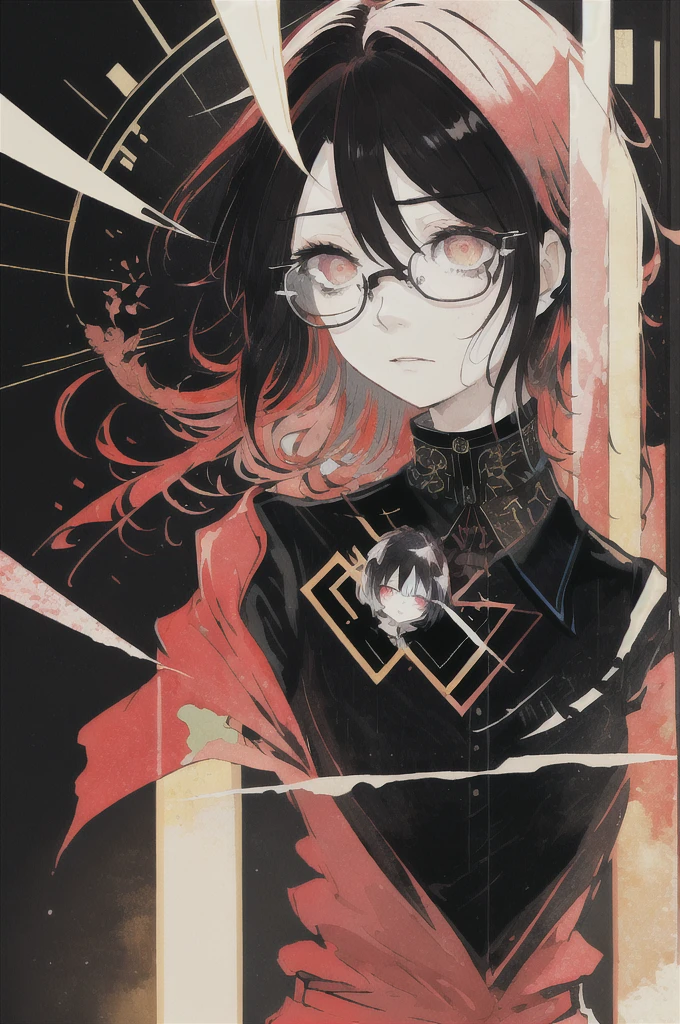 ((Highest quality)), (((masterpiece))), (High resolution), original,Glasses、Glasses、rain、rain、 Highly detailed 8k wallpaper, (Very delicate and beautiful),((Highest quality)),Limited edition palette, style style style Black choker around the neck、Black T-shirt、style gird, (style:(style:1.5)(style:1.5)1.5), Limited edition palette,[flat_stylechest, black style eyes, long style red hair, Black choker around the neck、Black choker around the neck、Black T-shirt、style eyes,浮かぶBlack T-shirt), feather over style]style, (Double exposure:1.3),(Glitch Hair+++),(Glitch meets dark hair),[Very delicate and beautiful girl who with scarf,feather],(Beautiful and detailed red eyes),world masterpiece theater,whole body,cyber punk,、Yellow backgroundﾍﾞｰｽIn color