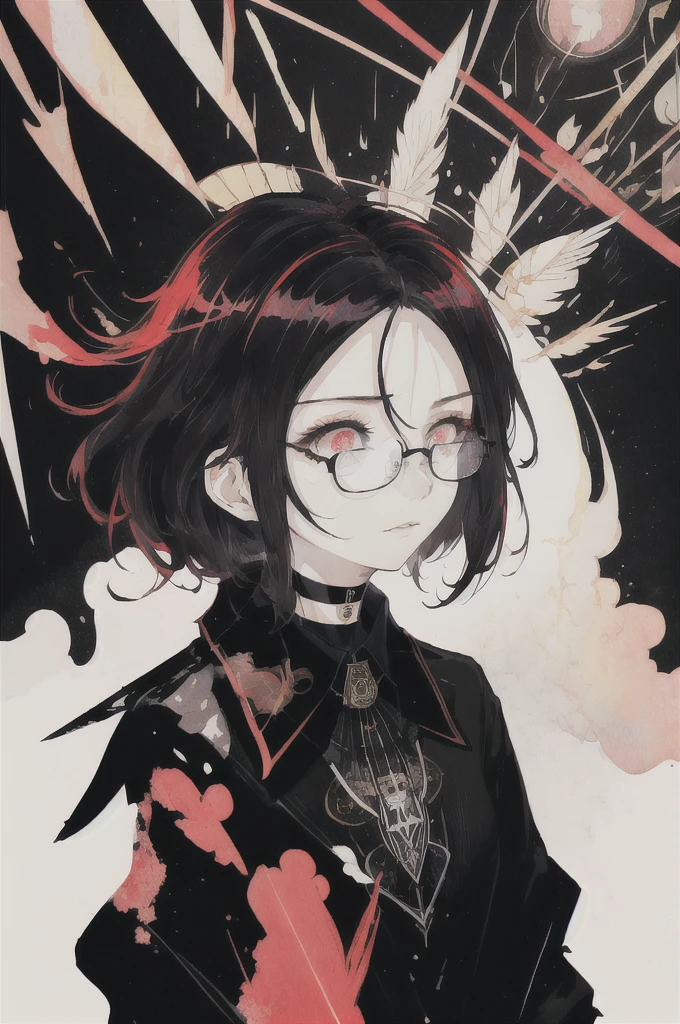 ((Highest quality)), (((masterpiece))), (High resolution), original,Glasses、Glasses、rain、rain、 Highly detailed 8k wallpaper, (Very delicate and beautiful),((Highest quality)),Limited edition palette, style style style Black choker around the neck、Black T-shirt、style gird, (style:(style:1.5)(style:1.5)1.5), Limited edition palette,[flat_stylechest, black style eyes, long style red hair, Black choker around the neck、Black choker around the neck、Black T-shirt、style eyes,浮かぶBlack T-shirt), feather over style]style, (Double exposure:1.3),(Glitch Hair+++),(Glitch meets dark hair),[Very delicate and beautiful girl who with scarf,feather],(Beautiful and detailed red eyes),world masterpiece theater,whole body,cyber punk,、Yellow backgroundﾍﾞｰｽIn color