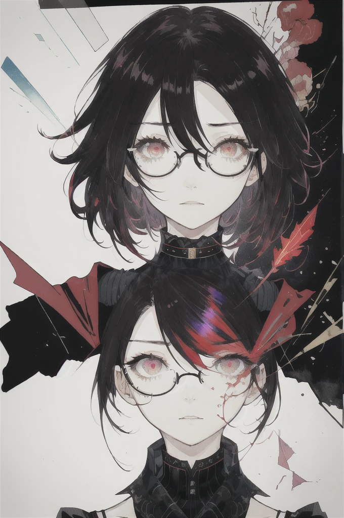 ((Highest quality)), (((masterpiece))), (High resolution), original,Glasses、Glasses、rain、rain、 Highly detailed 8k wallpaper, (Very delicate and beautiful),((Highest quality)),Limited edition palette, style style style Black choker around the neck、Black T-shirt、style gird, (style:(style:1.5)(style:1.5)1.5), Limited edition palette,[flat_stylechest, black style eyes, long style red hair, Black choker around the neck、Black choker around the neck、Black T-shirt、style eyes,浮かぶBlack T-shirt), feather over style]style, (Double exposure:1.3),(Glitch Hair+++),(Glitch meets dark hair),[Very delicate and beautiful girl who with scarf,feather],(Beautiful and detailed red eyes),world masterpiece theater,whole body,cyber punk,、Yellow backgroundﾍﾞｰｽIn color