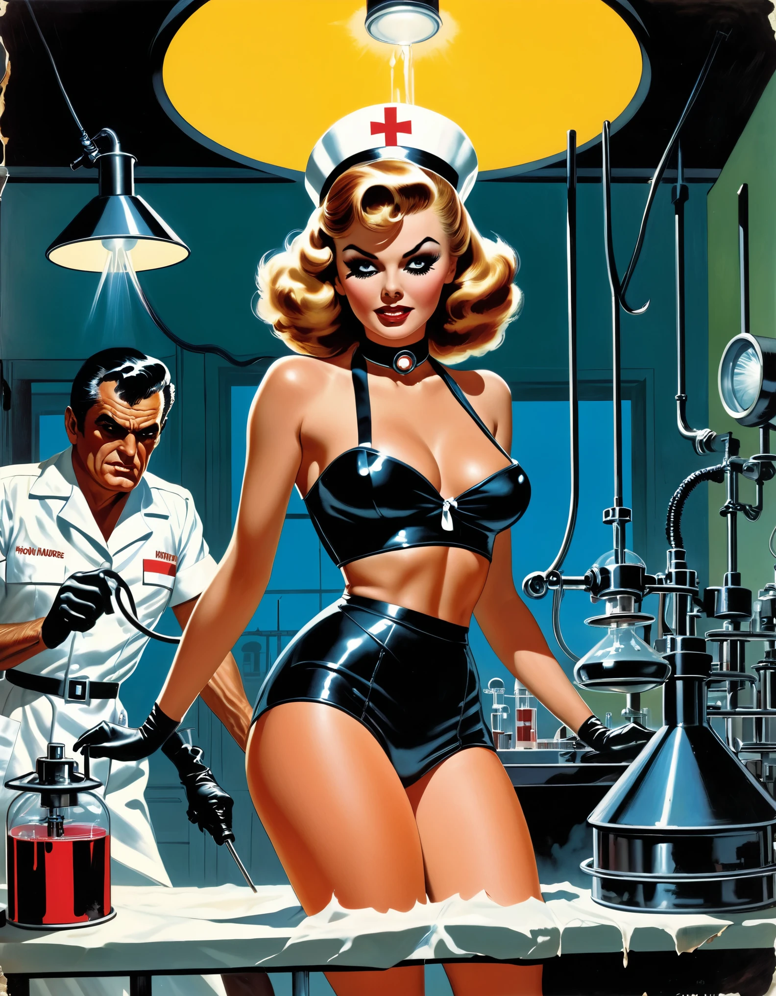 ((evil nurse in laboratory, nurse wearing black fetish nurse outfit, girl in underwear, being tortured by the nurse))) Mort Kunstler, Norman Saunders, Basil Gorgos, Frank Frazetta, Bernie Wrightson, Mexican Fumetti style, 50s 60s aesthetic, Men's action magazine aesthetic, very vintage retro, lurid and vivid colors, soft lighting, medium contrast, HD, 8x, intricately detailed, ripped borders, torn and wrinkled pages, action magazine, horror comics