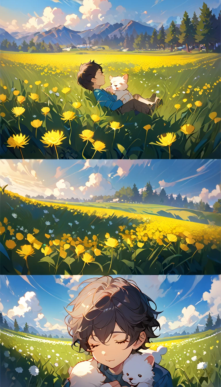 masterpiece, best quality, 8k, 4k, 1boy, ???, sleeping, dark blue hair with red stripes, blue long sleeve shirt, short pale brown pants with pocket, lay down on the field, a small white furry puppy sleeping next to the boy, cute round siberian white puppy, white dandelions fields, dandelions Taraxacum erythrosperm, wind blowing, sleeping on the fields, finely detailed eyes and detailed face, inspired by Asukaziye artist : ask, art style : ask