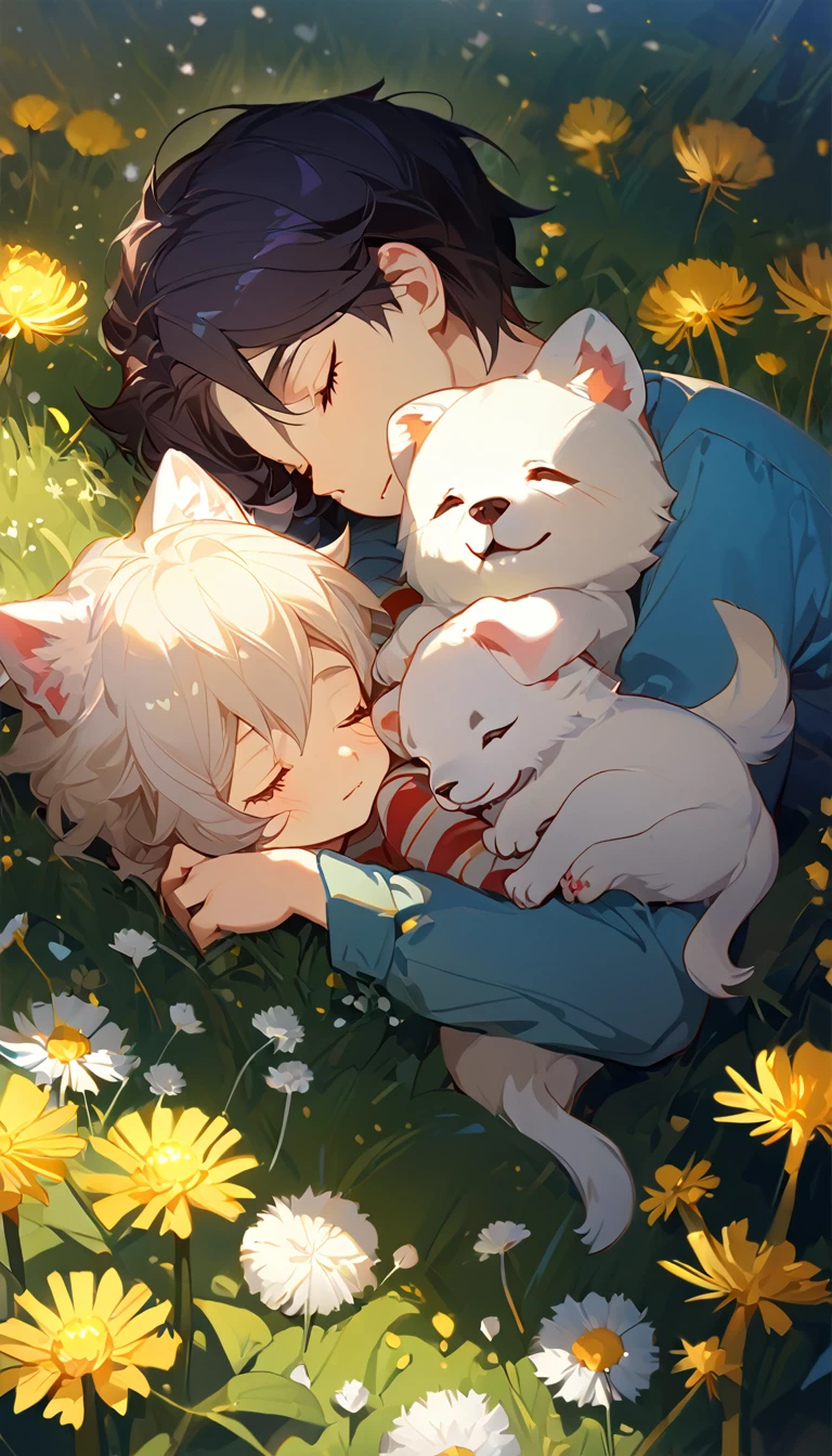 masterpiece, best quality, 8k, 4k, 1boy, ???, sleeping, dark blue hair with red stripes, blue long sleeve shirt, short pale brown pants with pocket, lay down on the field, a small white furry puppy sleeping next to the boy, cute round siberian white puppy, white dandelions fields, dandelions Taraxacum erythrosperm, wind blowing, sleeping on the fields, finely detailed eyes and detailed face, inspired by Asukaziye artist : ask, art style : ask