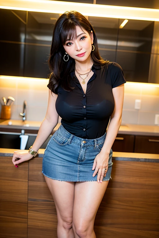 Highest quality)),, Beautiful 45 year old Japanese MILF:)、 、Bed　　　BBW Glamorous　 　　　Tight skirt　sexy　Dirty Chubby　　　Big Thighs　denim　jeans　sexyな下着　necklace　Earrings　　　Panty shot　Very short mini skirt