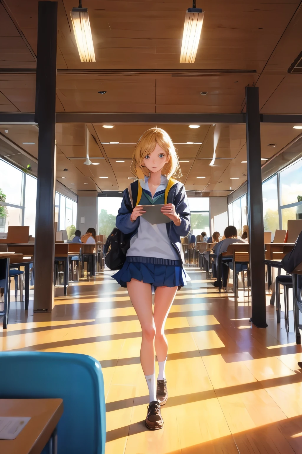 A girl student walking, Students studying at the library is the background 
