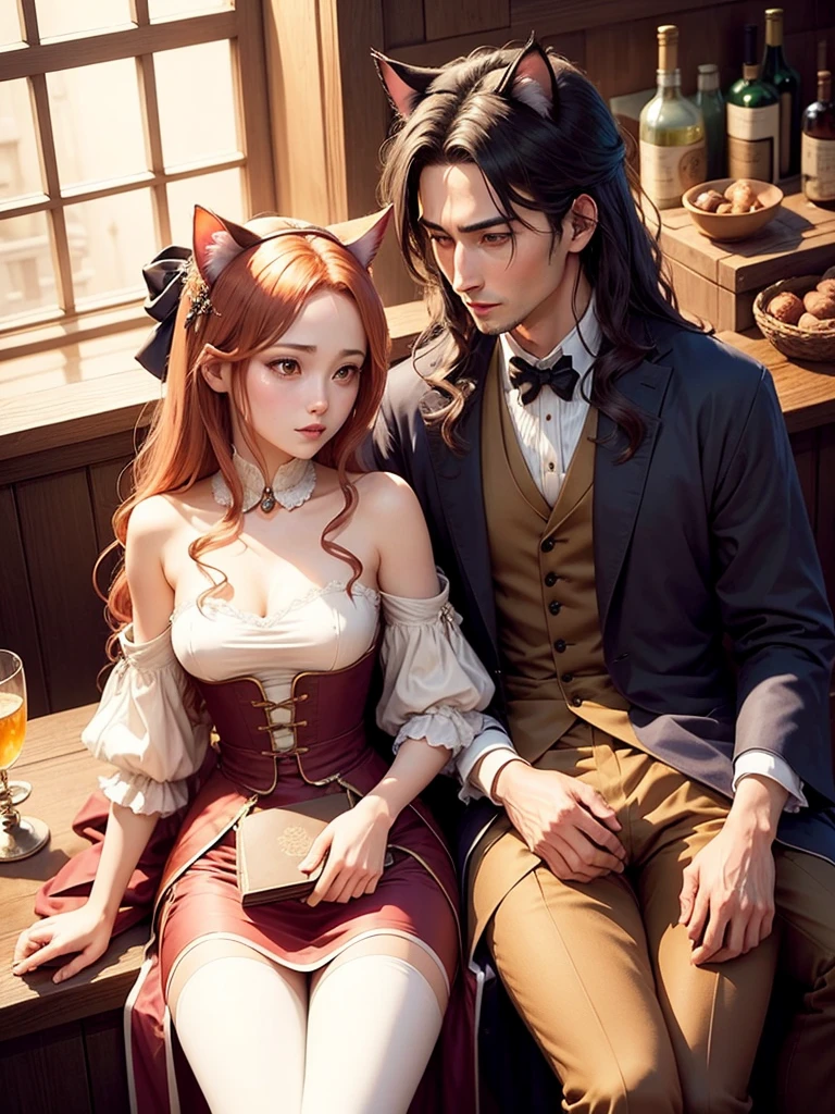 Sanjouno Haruhime (Feline characteristics) and Ignoto Peverell chatting in a luxurious medieval-era bar sitting on the counter stools 