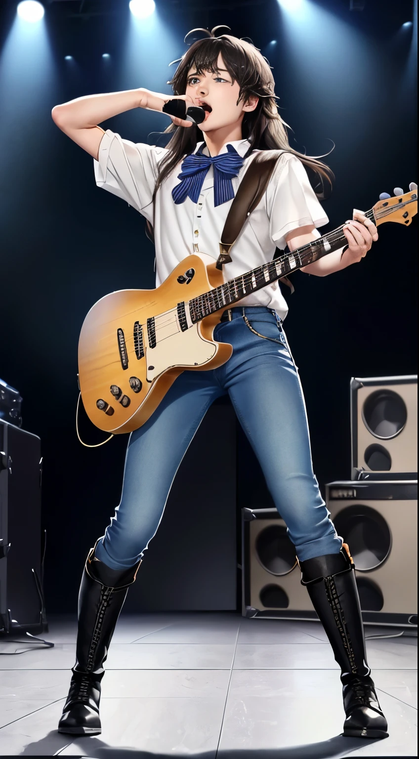 Full body view、masterpiece、Beautiful Boy、((Alphonse)Englishman、Beautiful eyes、soft、、Her long hair is parted in the center with her bangs hanging over one eye.、Messy Hair、Beautiful rise、Beautiful raised eyebrowongoloid、Large chin、Rock style outfit and jeans。WhiteTshirt。Knee-high boots、The delicate body lines of a boy。Holding a microphone and singing enthusiastically。Bow-legged、Wide, wide, narrow eyes。The backing band is a rock band。