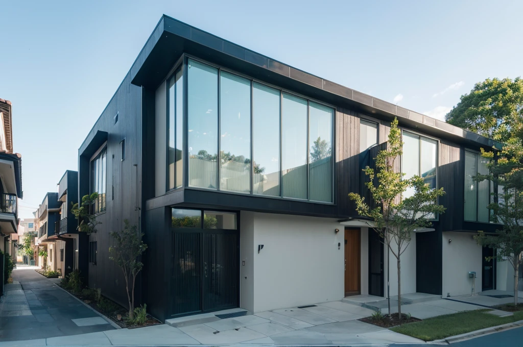 ((Zero Energy Building)), ((green building)), ((many trees facade)), ((townhouses)), RAW photo, (high detailed skin:1.2), 8k UHD, DSLR, soft lighting, high quality, film grain, Fujifilm XT3, realistic, wide angle, ((vray)), render, detailed, tropical plants, clear image, high reflection, daylight, spring light, soft light, many trees background, the exterior of the house, facade, high building, 10-story building, townhouse,