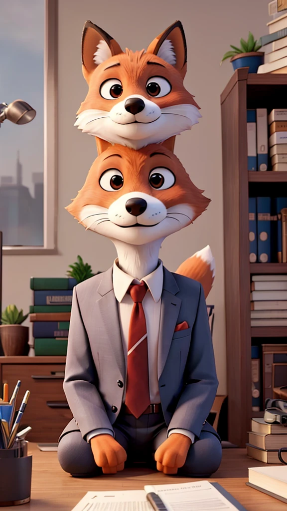 A fox wearing a suit is sitting in an office