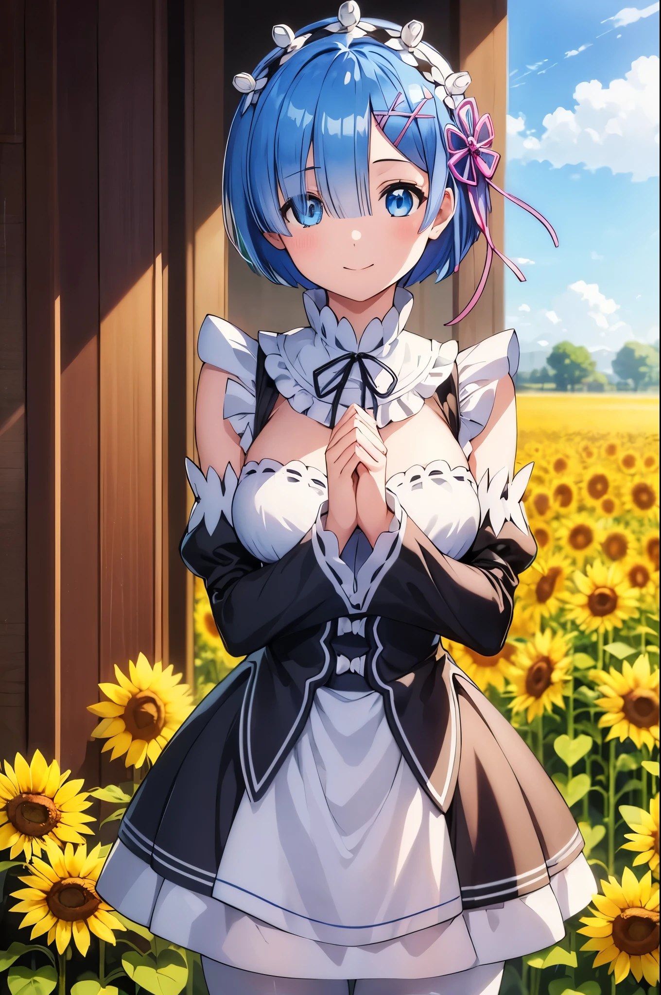 (masterpiece:1.3), (best quality:1.1), (8k, ultra detailed, ultra high res:1.2), ((anime style)), perfect 5 fingers, perfect anatomy, 
1girl, 
Rem \(re:zero\),
short hair, 
blue hair, 
(blue eyes:1.2), (beatiful detailed eyes:1.2), 
maid headdress,  ribbon, x hair ornament, 
large breasts, 
maid uniform, detached black sleeves, white tights, cold Shoulder, 
BREAK smile, 
looking at viewer, 
cowboy shot, standing, own hands together, 
perfect light, outdoor, outside, Sunflower field, sky, 