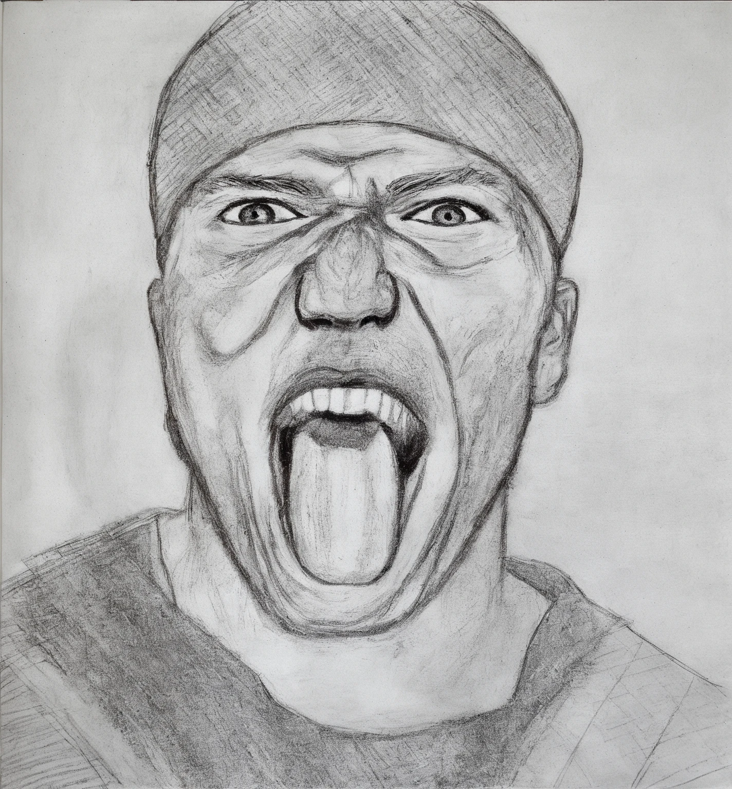 dessin d'a man with a hat and a beard making a face, man yelling, anger. super detailed, yelling. not realistic, yelling face, Ray Lewis crie, angry man, opened mouth, with opened mouth, he is yelling, Portrait effrayant, intense yelling expression, pose de anger effrayante, opened mouth, Realistic self-portrait, crayon sur papier, Portrait africain de Jesse Pinkman