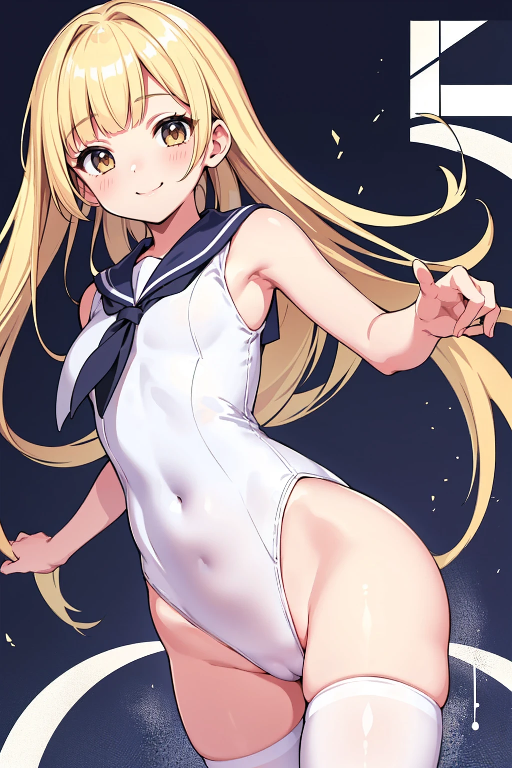 whole body,Standing posture, (Blonde,Trimmed bangs,Hime cut,) (Small breasts,age Girl,), (Cute face:1.2) (High leg leotard,Sailor suit,Sleeveless clothing,) smile,(White background)