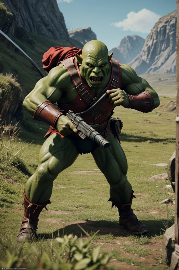 warrior with a sniper rifle , dressed in red clothing , aiming at a huge orc , orc green color , holding a huge sword , running to the side of the warrior , anime high quality , cinematographic , background army of orcs , realistic , 4k