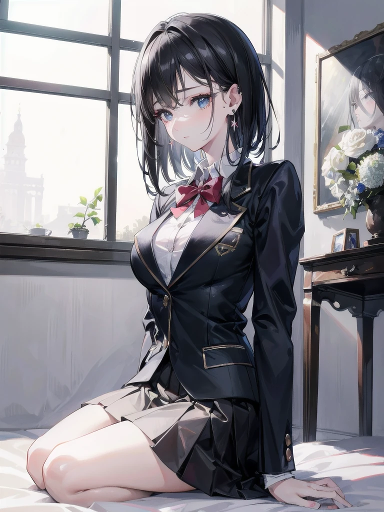 absurdres, RAW photo, extremely delicate and beautiful, masterpiece, Best Quality, ultra high resolution, 32k, hyperrealistic, ultra-detailed, in her 20s, delicate facial features, tearful mole, earring, medium breasts, full body shot, shorter middle hair, black hair, school_uniform, blazer,