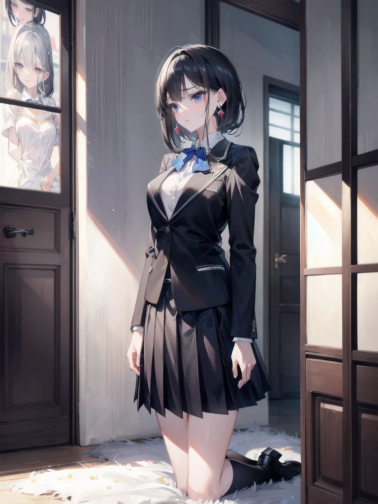 absurdres, RAW photo, extremely delicate and beautiful, masterpiece, Best Quality, ultra high resolution, 32k, hyperrealistic, ultra-detailed, in her 20s, delicate facial features, tearful mole, earring, medium breasts, full body shot, shorter middle hair, black hair, school_uniform, blazer,